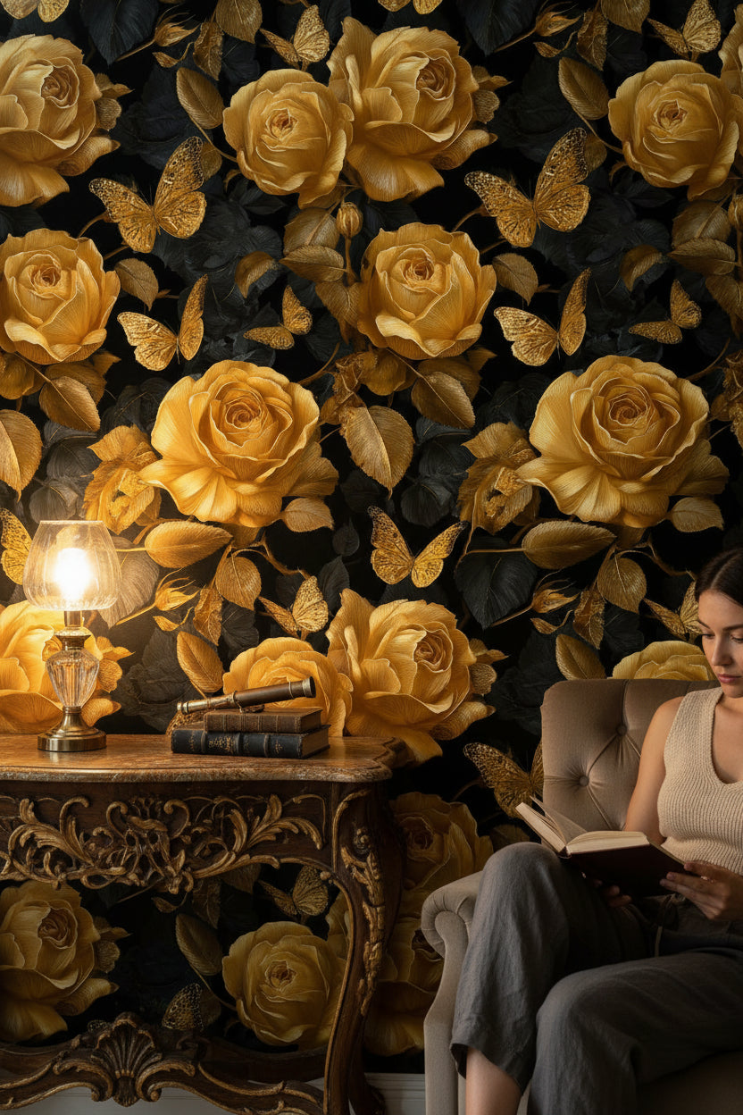 Golden Look Rose and Butterfly Black Wallpaper