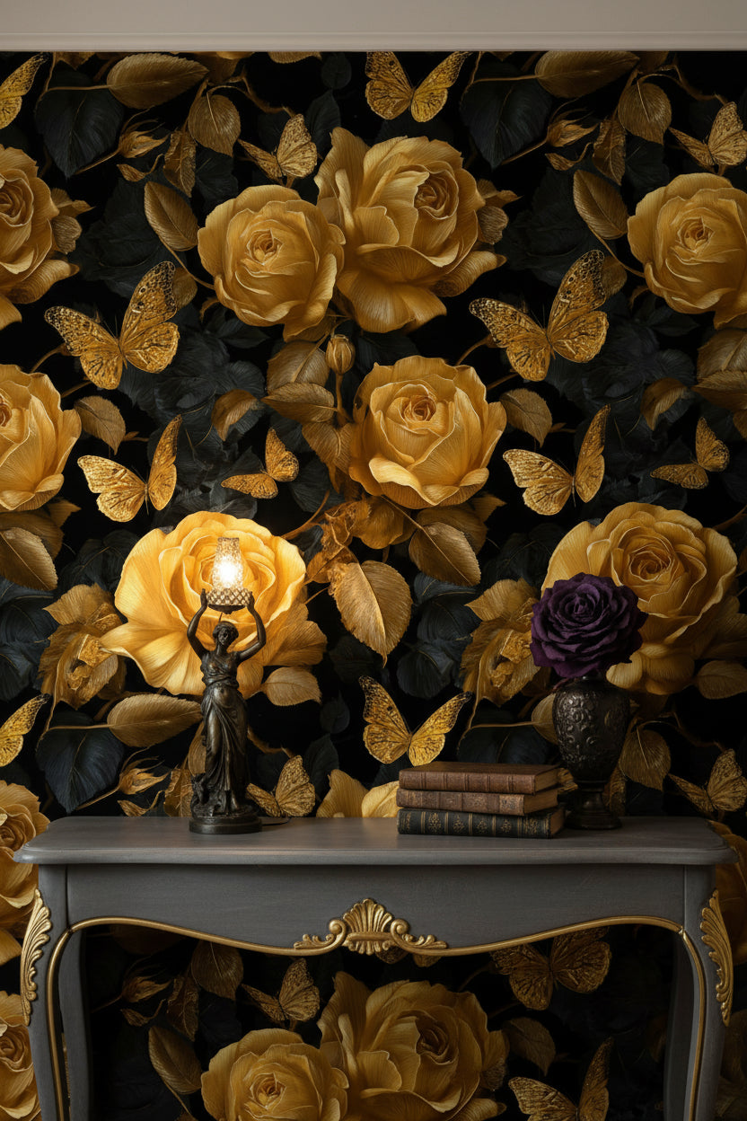 Golden Look Rose and Butterfly Black Wallpaper