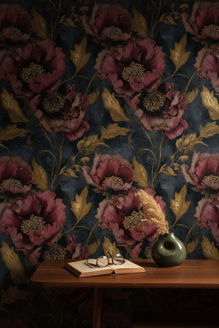Dusky Black and Burgundy Large Floral Wallpaper