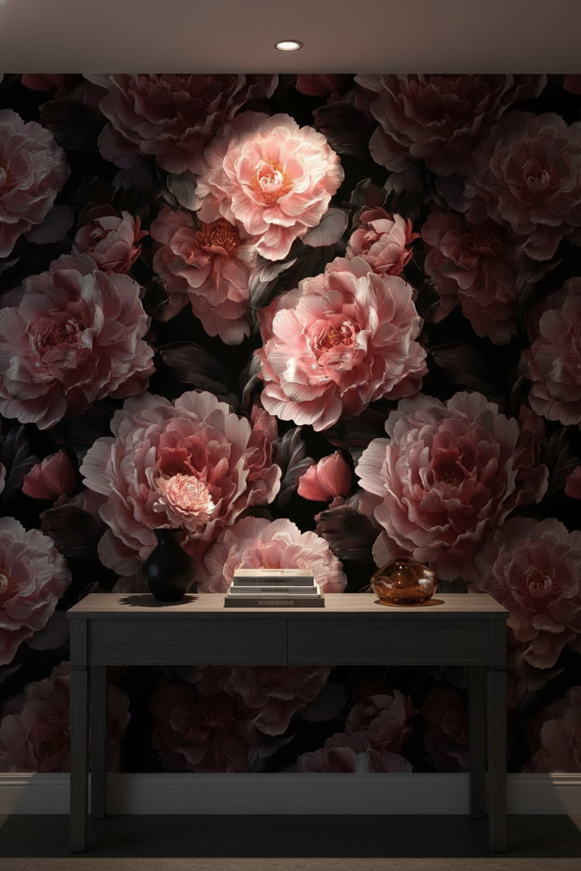 Dark Noir Pink Rose Floral Wallpaper