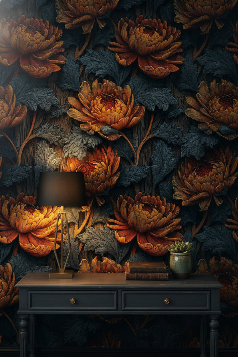 Deep Black and Orange Chrysanthemum Floral Wallpaper