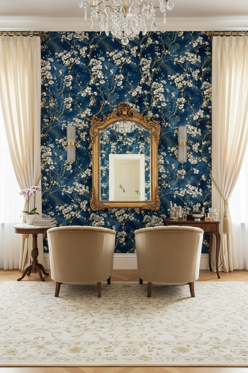 Dark Midnight Blue Cherry Blossom Wallpaper