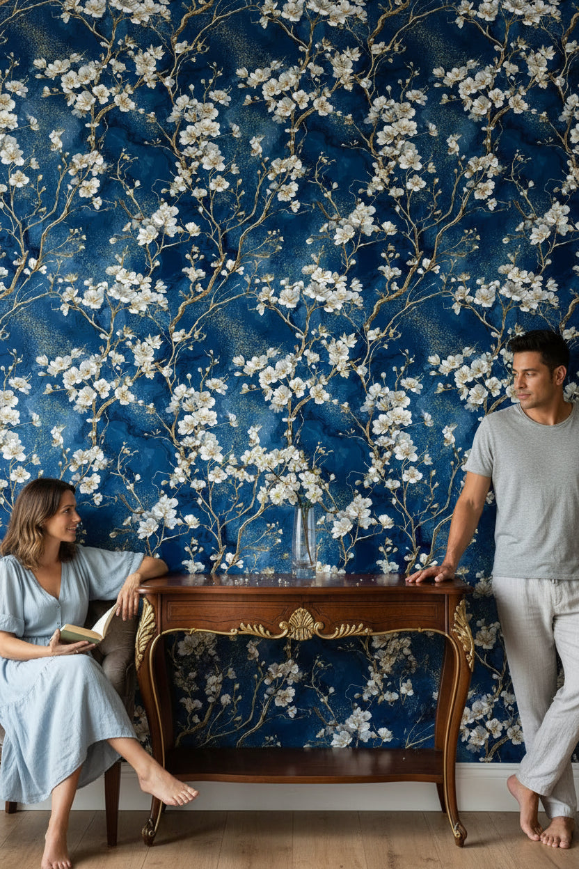 Dark Midnight Blue Cherry Blossom Wallpaper