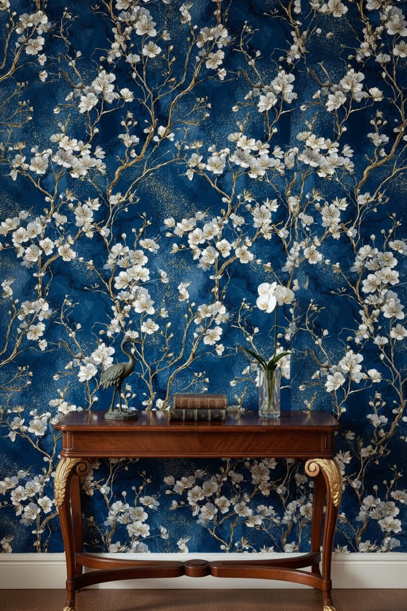 Dark Midnight Blue Cherry Blossom Wallpaper