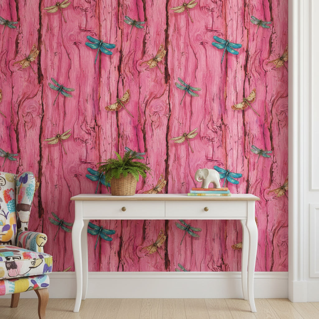 Vivid Pink Dragonfly and Woodgrain Pattern Wallpaper