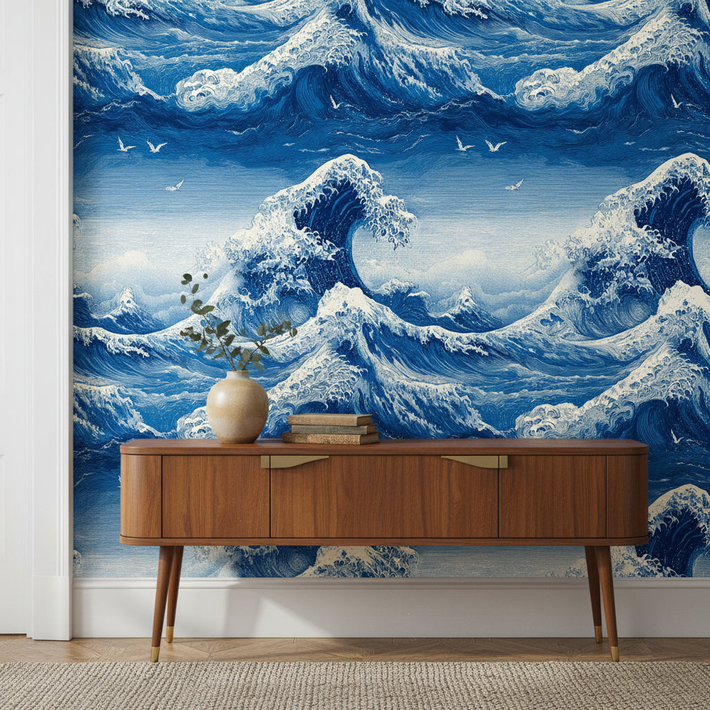 Deep Blue Japanese Wave Wallpaper