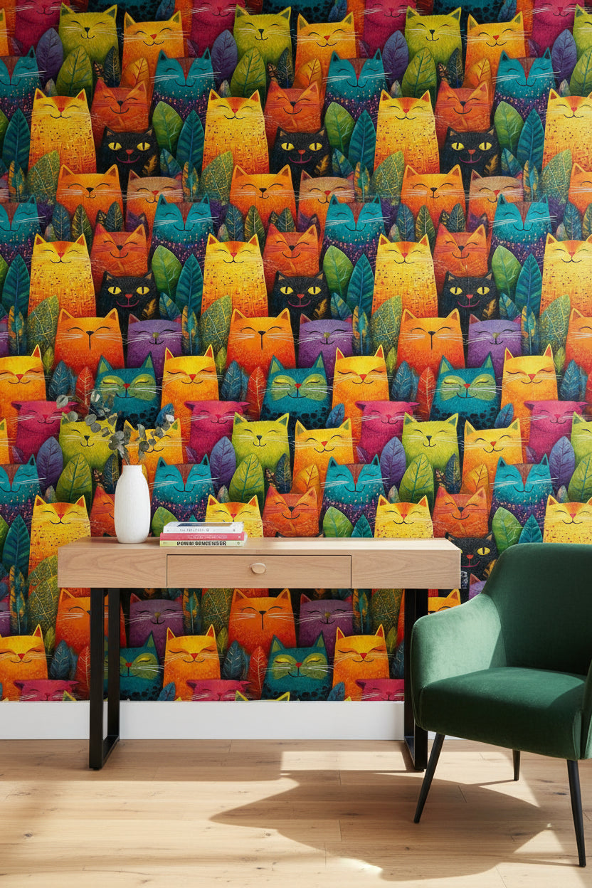 Vibrant Multicolor Abstract Cat Pattern Wallpaper