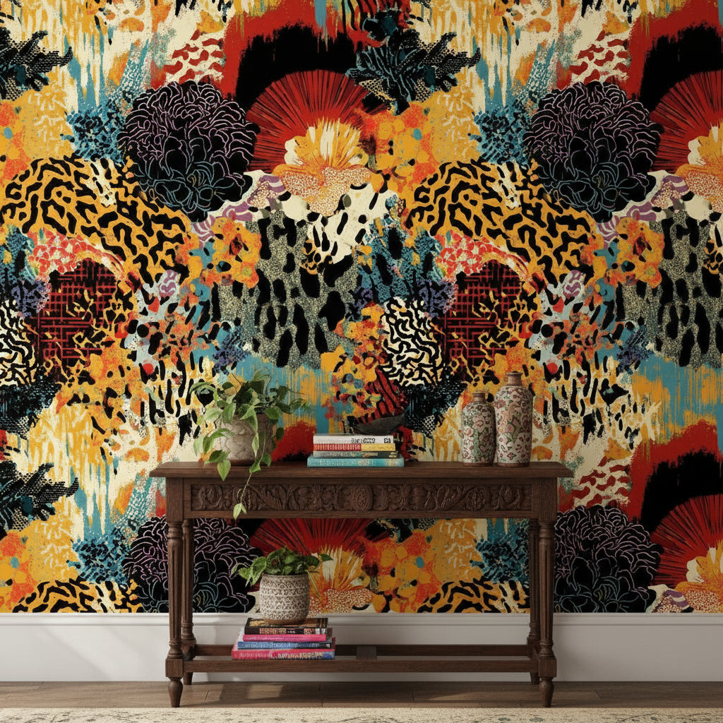 Bold Multicolor Abstract Tropical Floral Wallpaper
