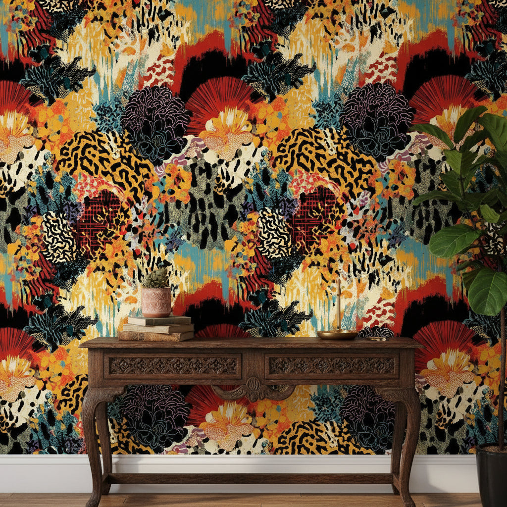 Bold Multicolor Abstract Tropical Floral Wallpaper