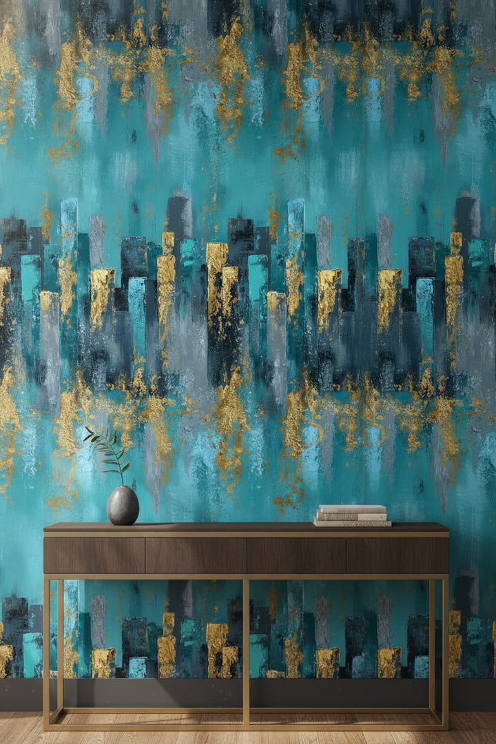 Turquoise and Gold Look Abstract Skyline Wallpaper