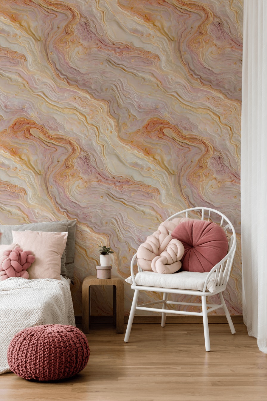 Warm Cream and Orange Marble Swirl Wallpaper