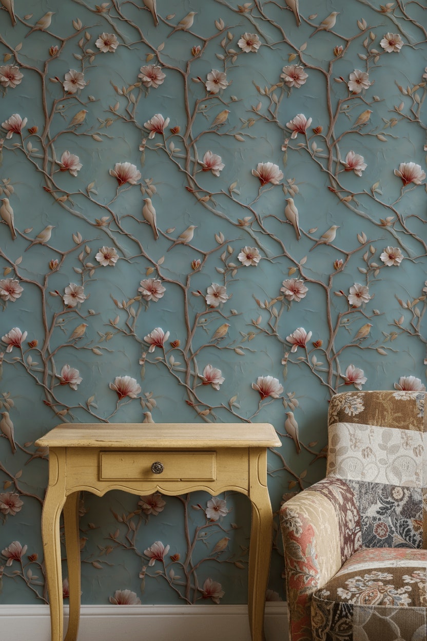 Muted Blue Cherry Blossom and Bird Wallpaper