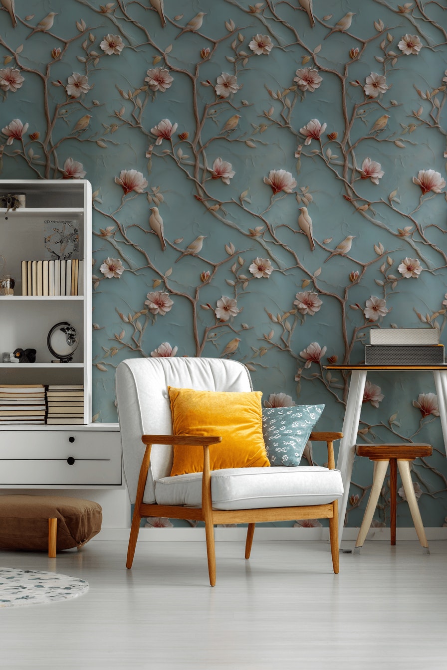 Muted Blue Cherry Blossom and Bird Wallpaper