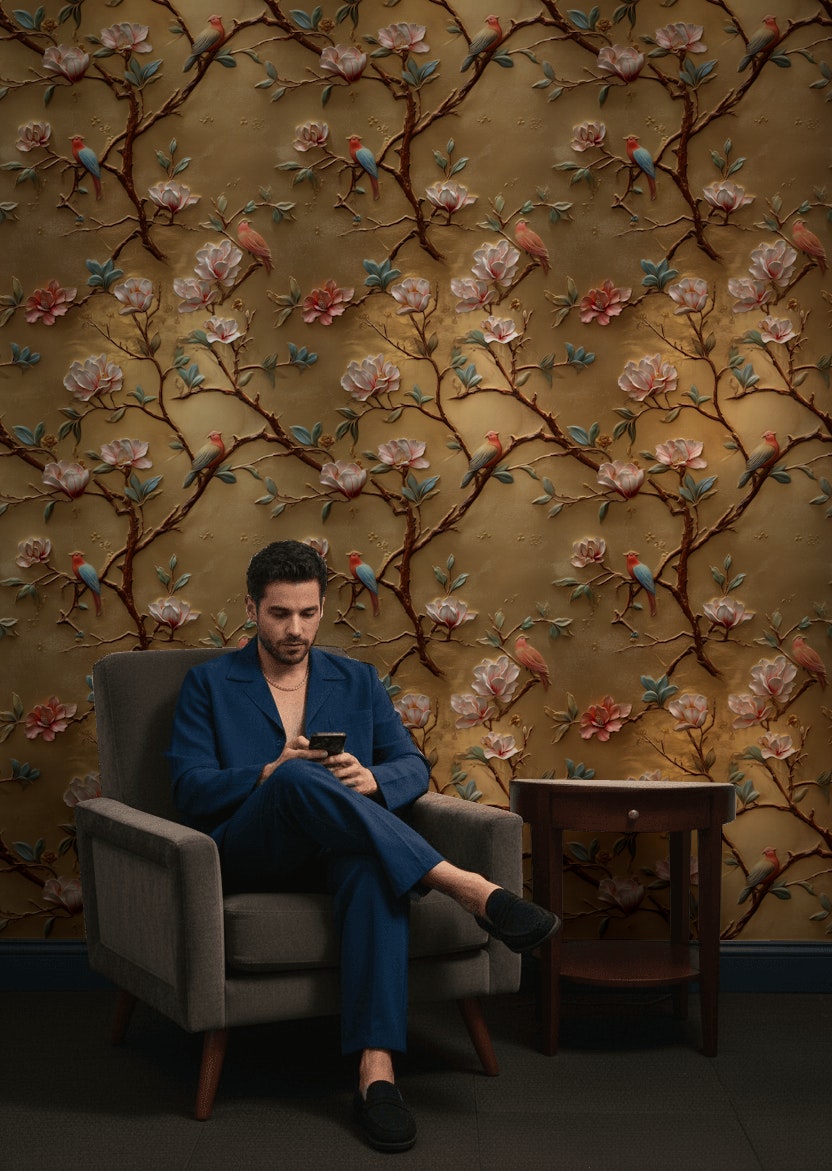 Golden Look Magnolia with Birds Luxury Wallpaper