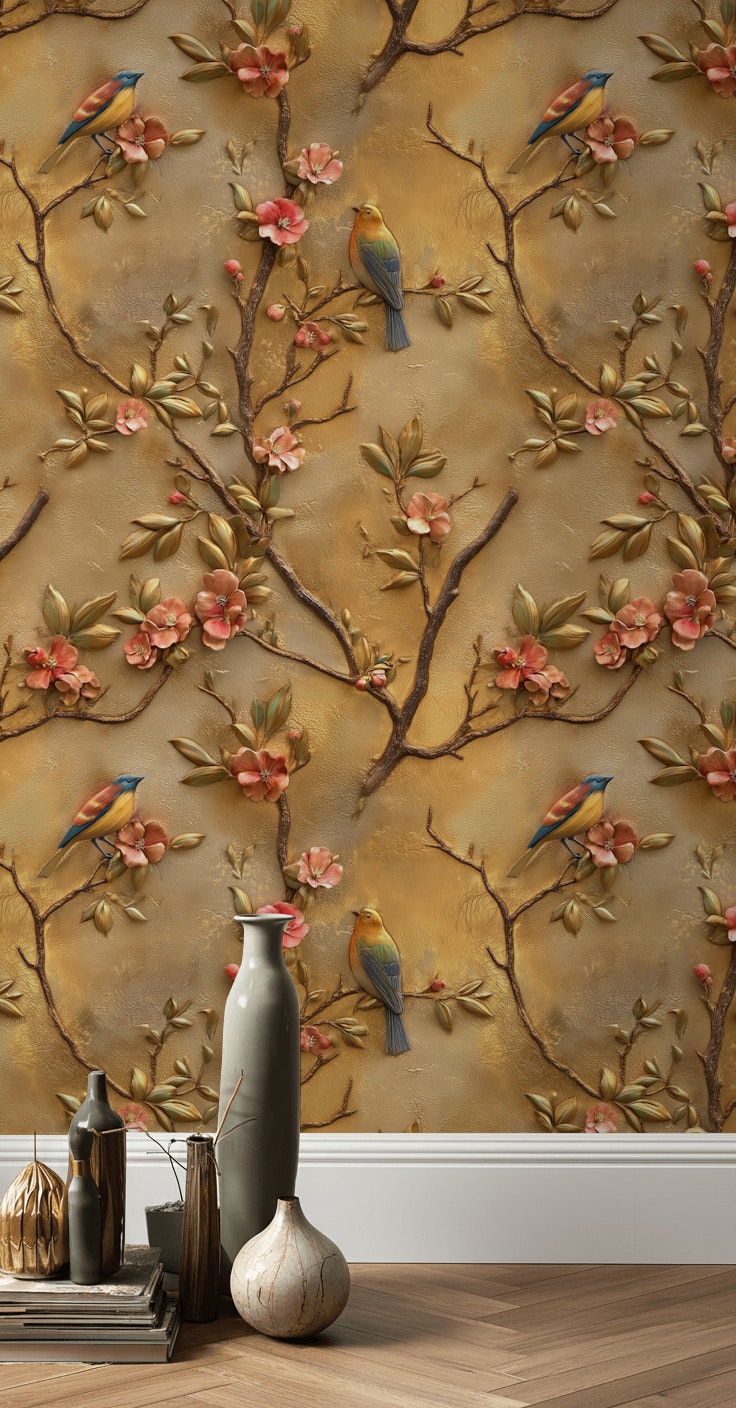 Golden Look Blossom and Bird Vintage Wallpaper