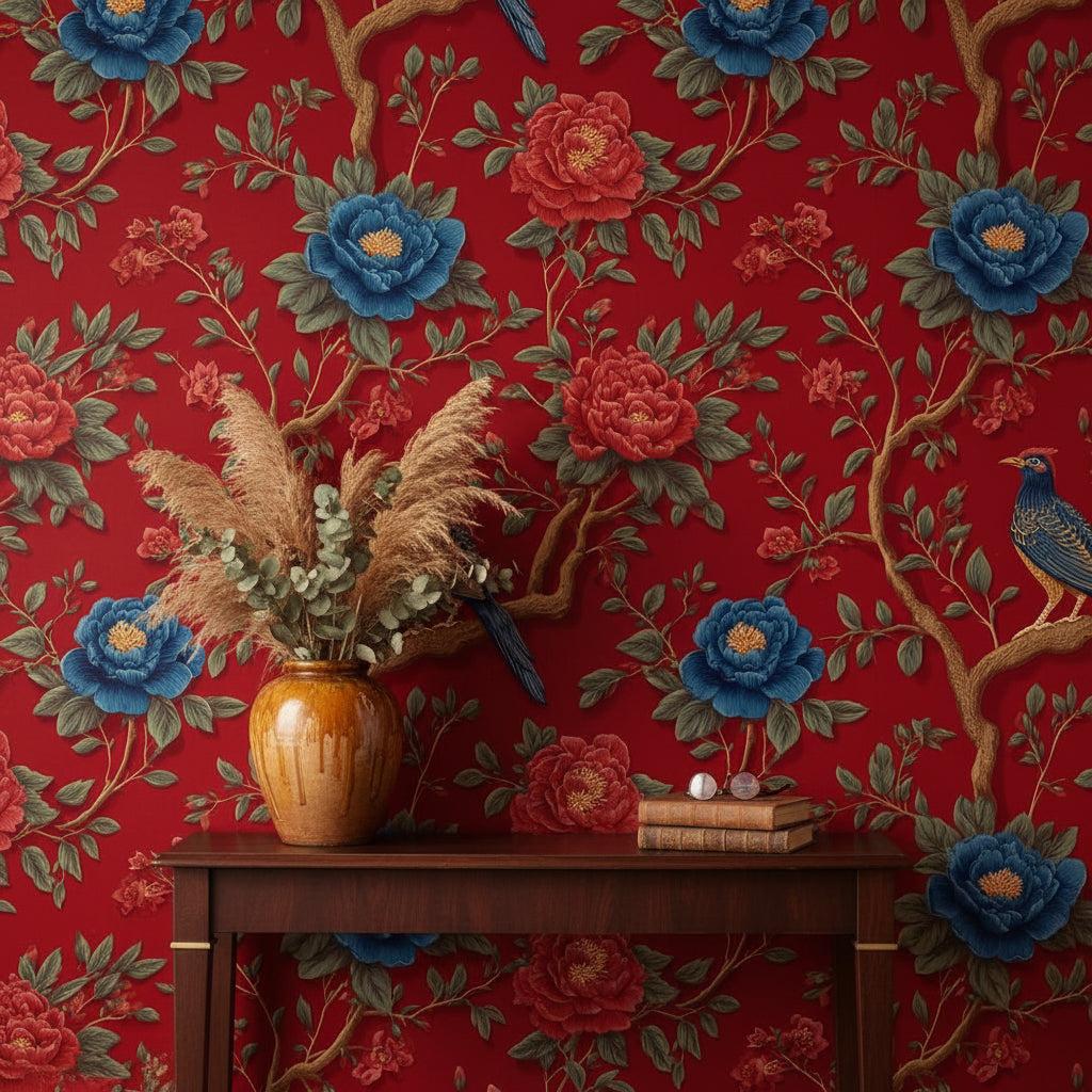 Bold Red Vintage Floral and Bird Wallpaper