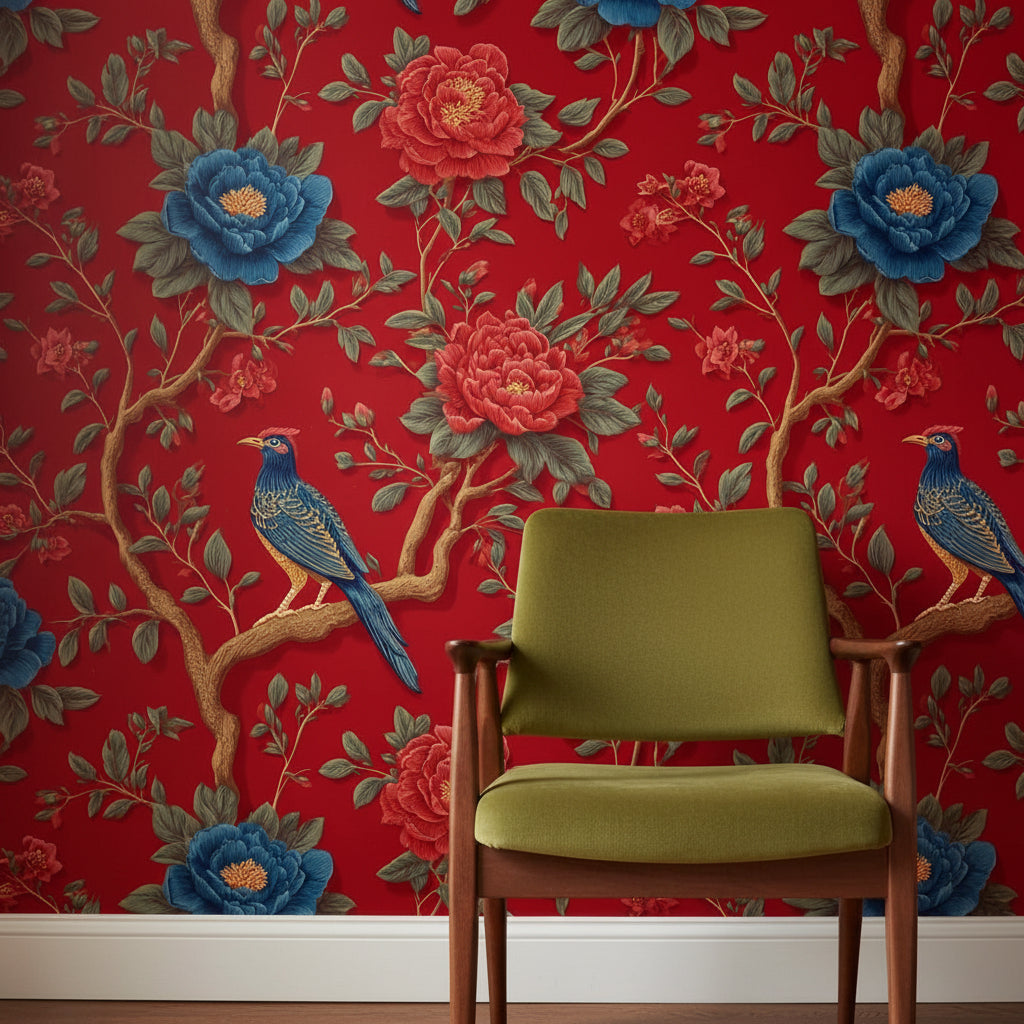 Bold Red Vintage Floral and Bird Wallpaper