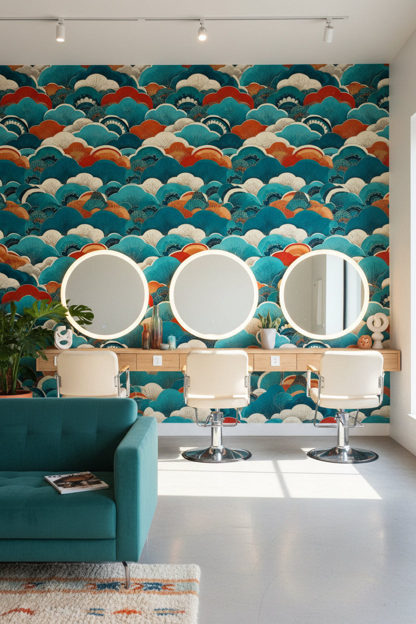 Vibrant Teal and Orange Japanese Wave Wallpaper