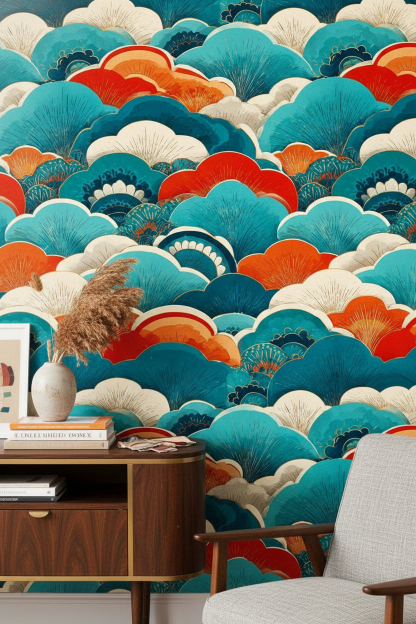 Vibrant Teal and Orange Japanese Wave Wallpaper