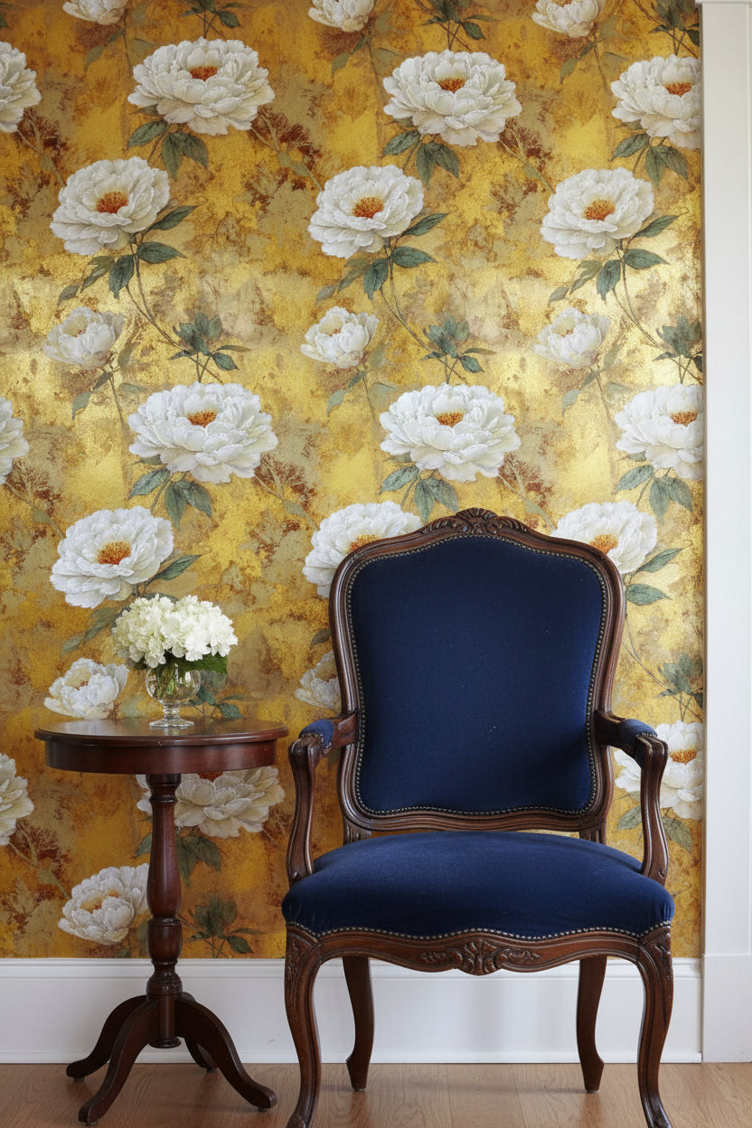 Opulent Gold Look Background White Peony Floral Wallpaper