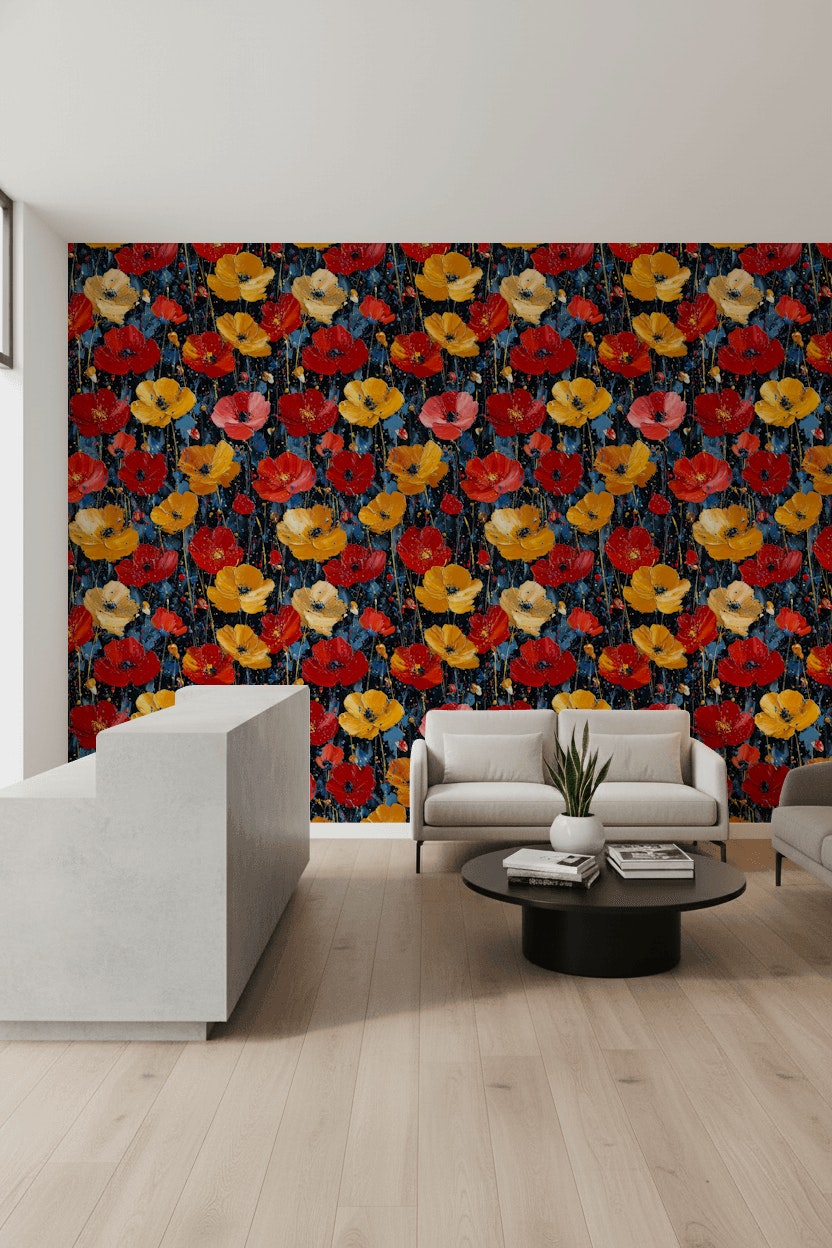 Bold Black Background Wildflower Floral Wallpaper
