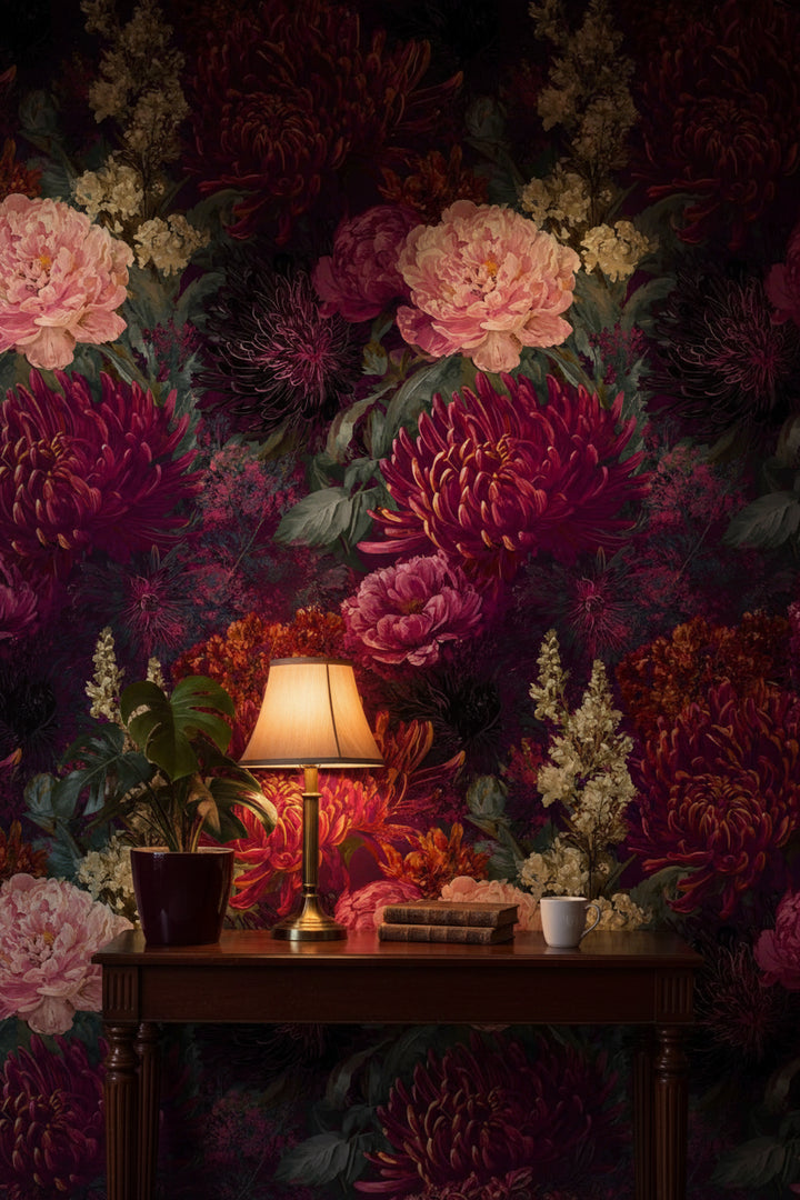 Deep Burgundy and Pink Floral Wallpaper