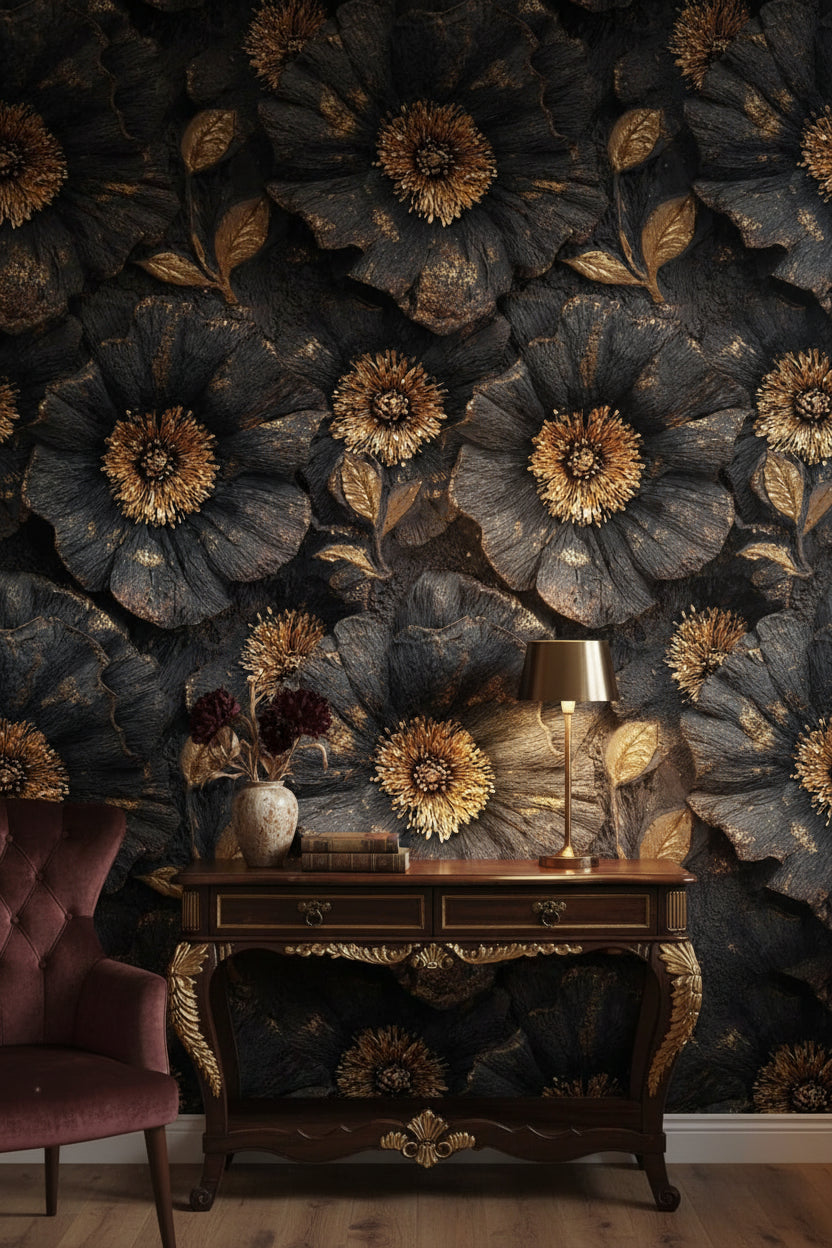 Golden Look Black Textured Large Floral Wallpaper