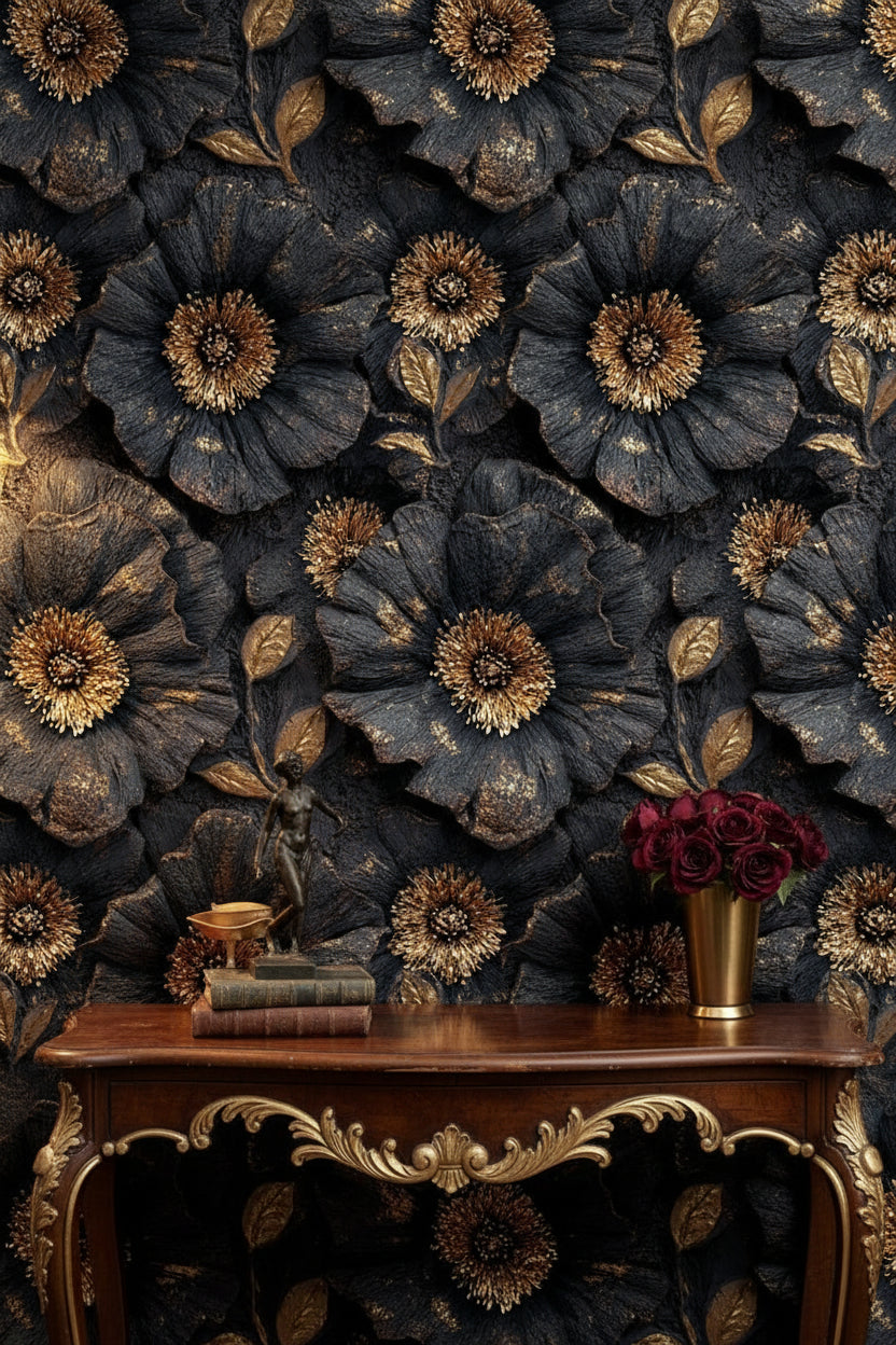 Golden Look Black Textured Large Floral Wallpaper