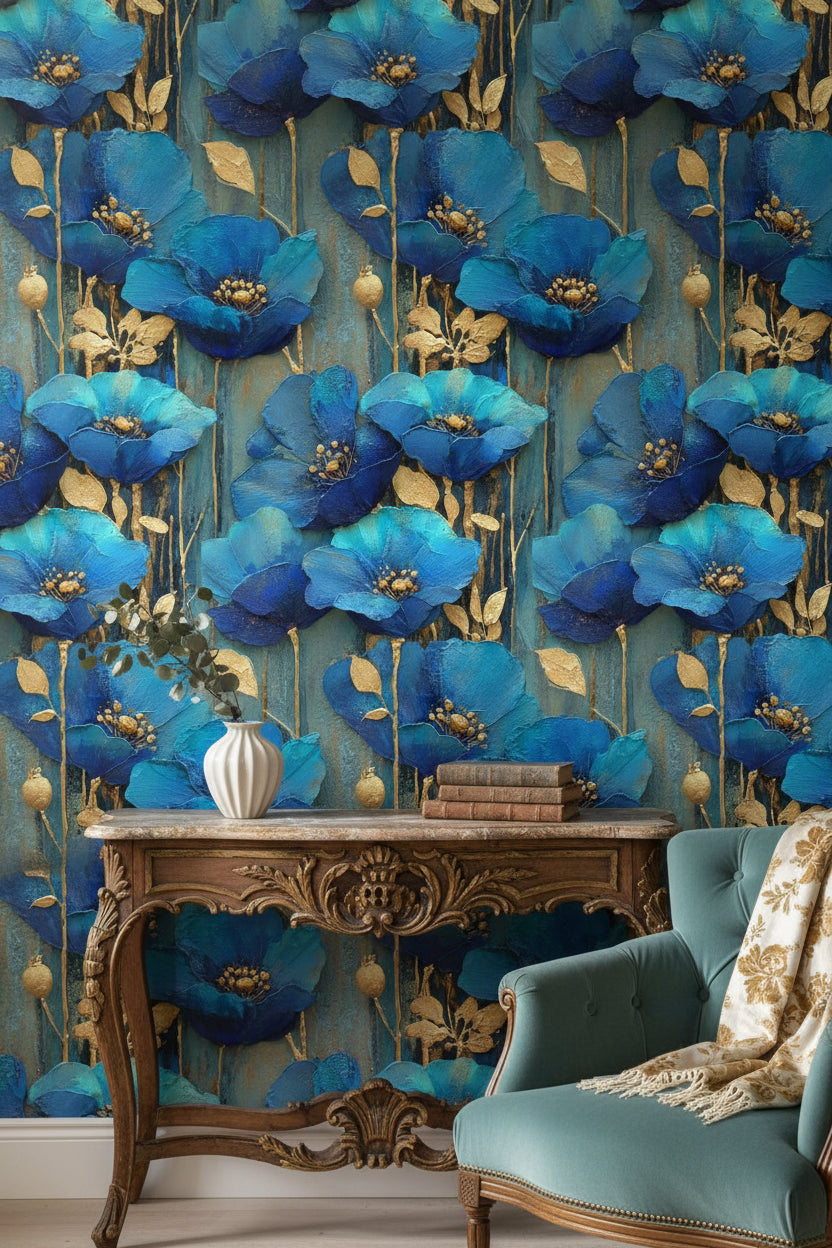 Opulent Sapphire Blue Poppies Floral Wallpaper