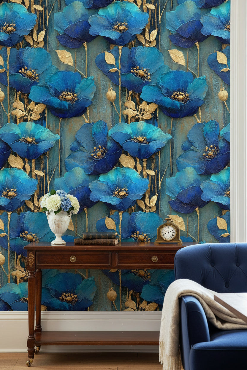 Opulent Sapphire Blue Poppies Floral Wallpaper