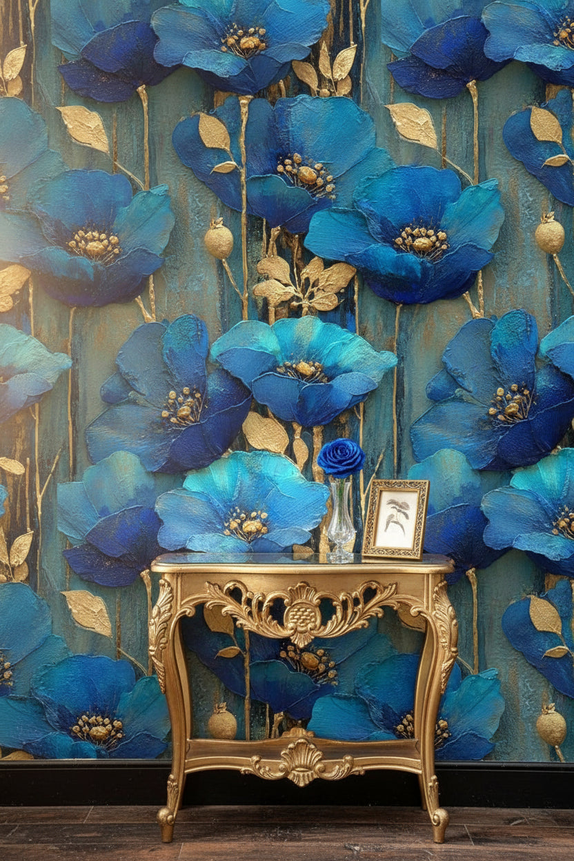 Opulent Sapphire Blue Poppies Floral Wallpaper