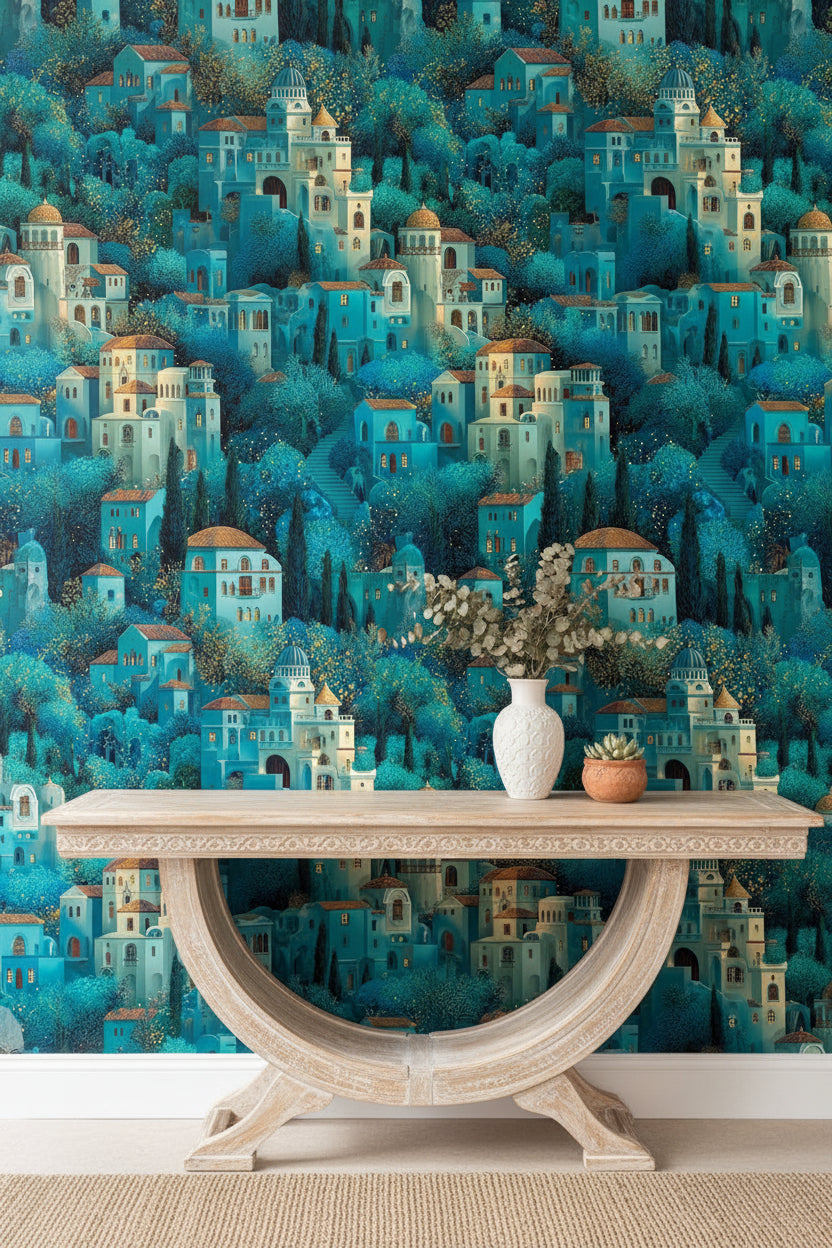 Teal Fantasy Architecture Landscape Wallpaper