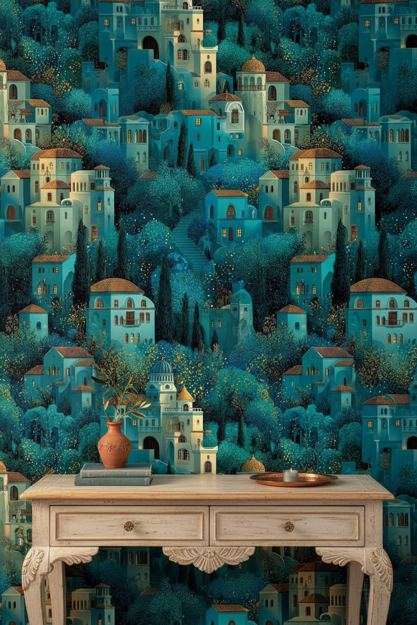 Teal Fantasy Architecture Landscape Wallpaper