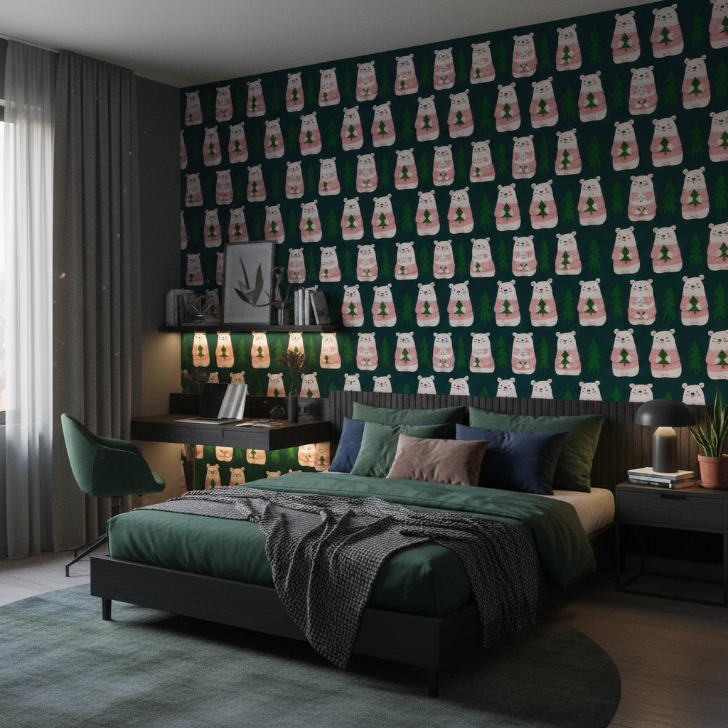 Dark Forest Cute Bear Kids Wallpaper