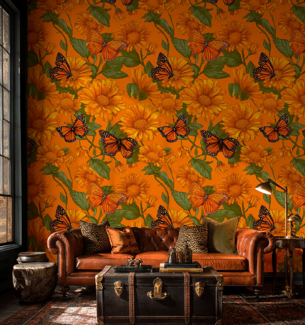 Vibrant Orange Sunflower and Butterfly Wallpaper