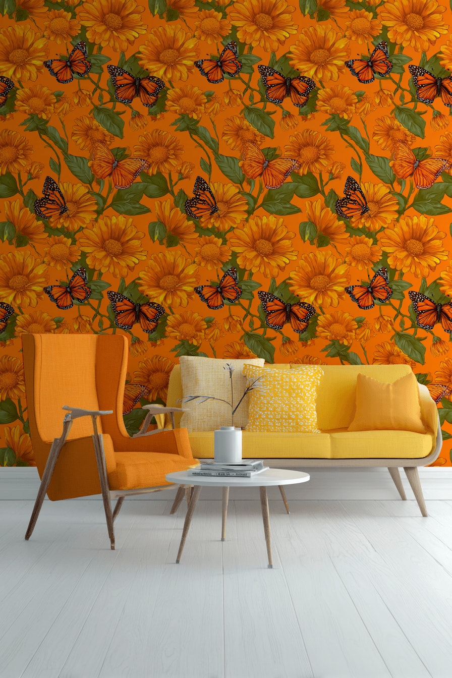 Vibrant Orange Sunflower and Butterfly Wallpaper