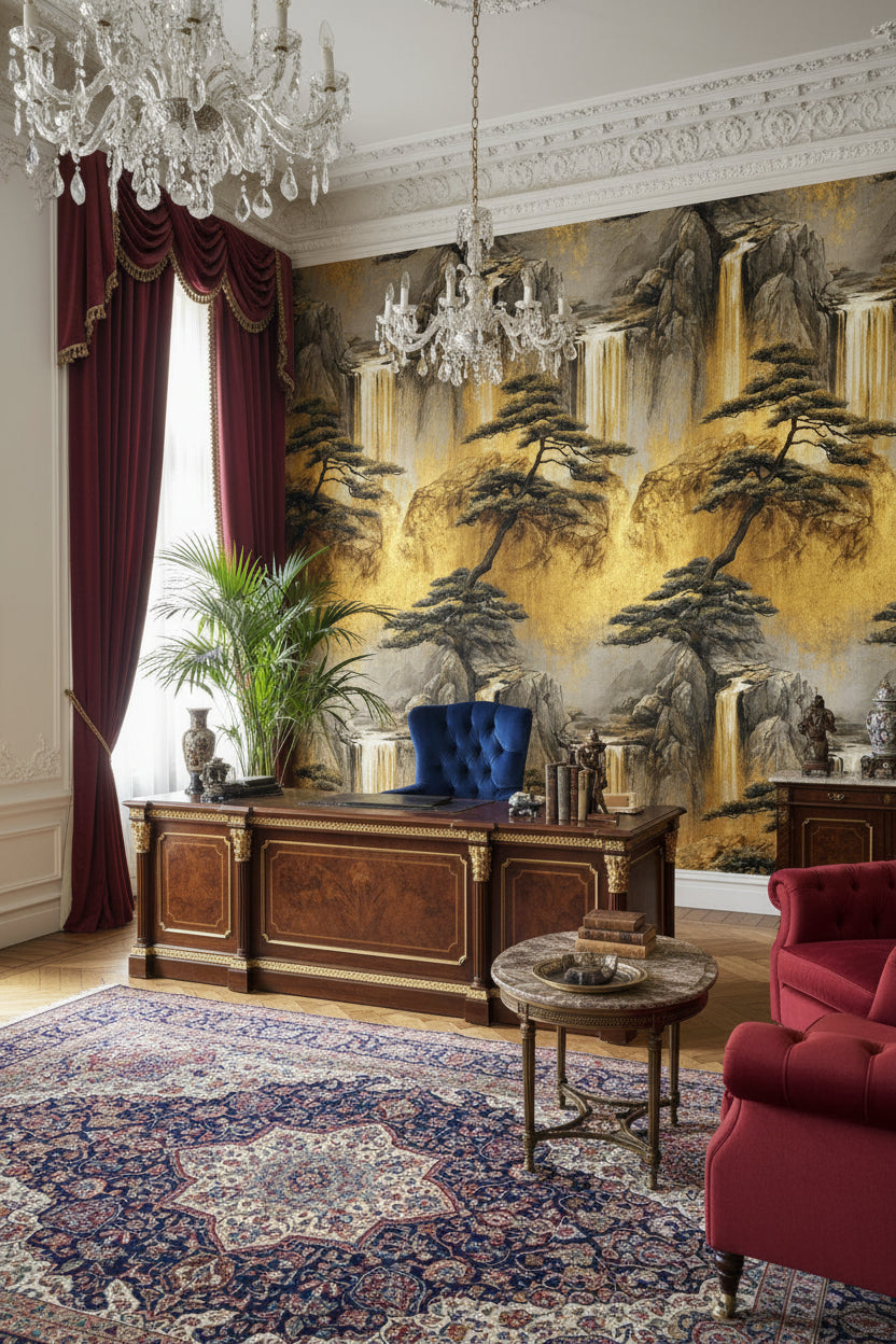 Golden Look Waterfall and Pine Scenic Wallpaper