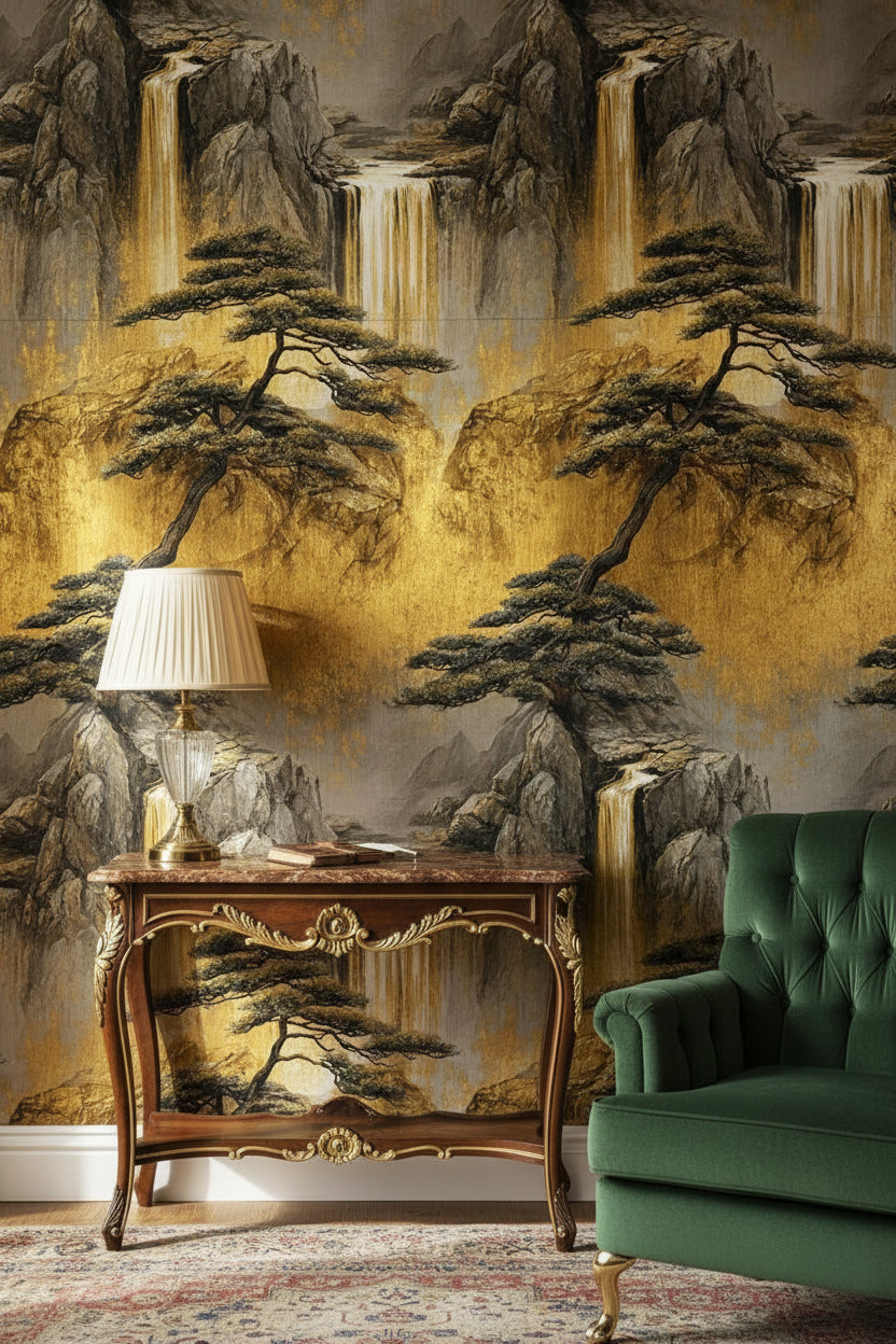 Golden Look Waterfall and Pine Scenic Wallpaper