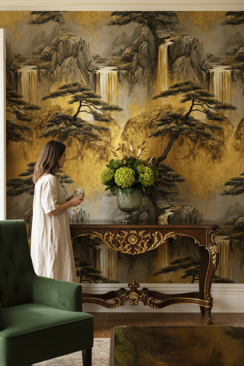 Golden Look Waterfall and Pine Scenic Wallpaper