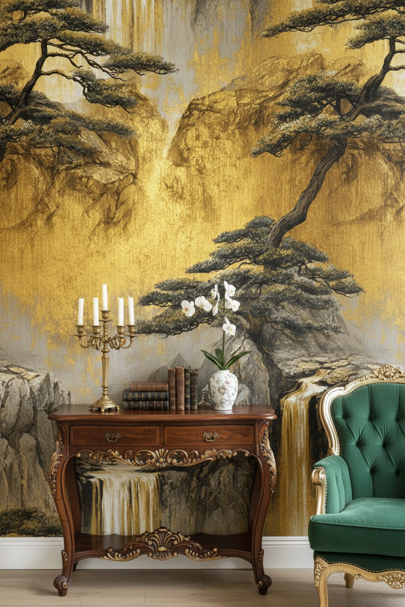 Golden Look Waterfall and Pine Scenic Wallpaper