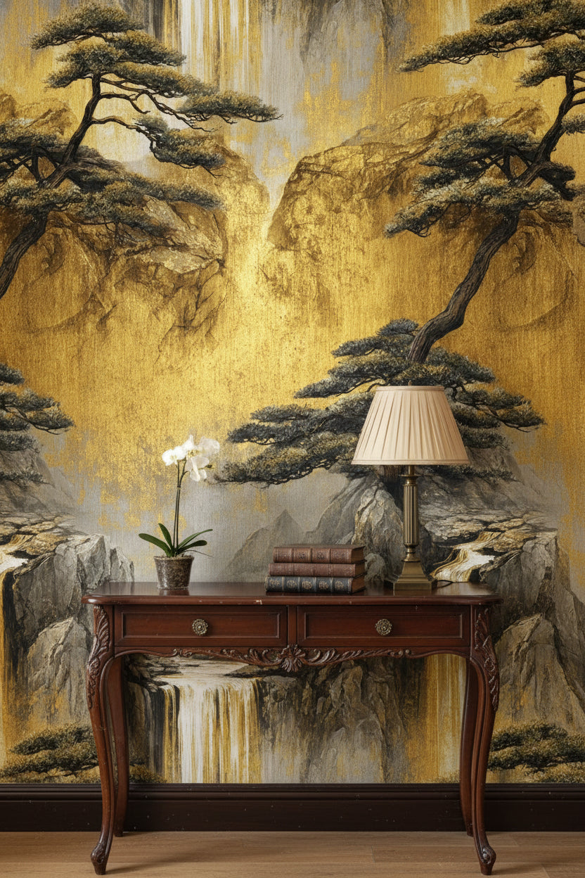 Golden Look Waterfall and Pine Scenic Wallpaper
