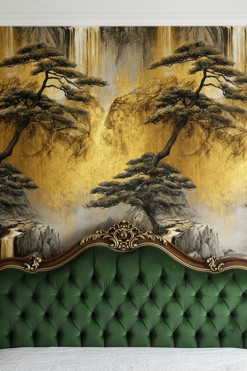 Golden Look Waterfall and Pine Scenic Wallpaper