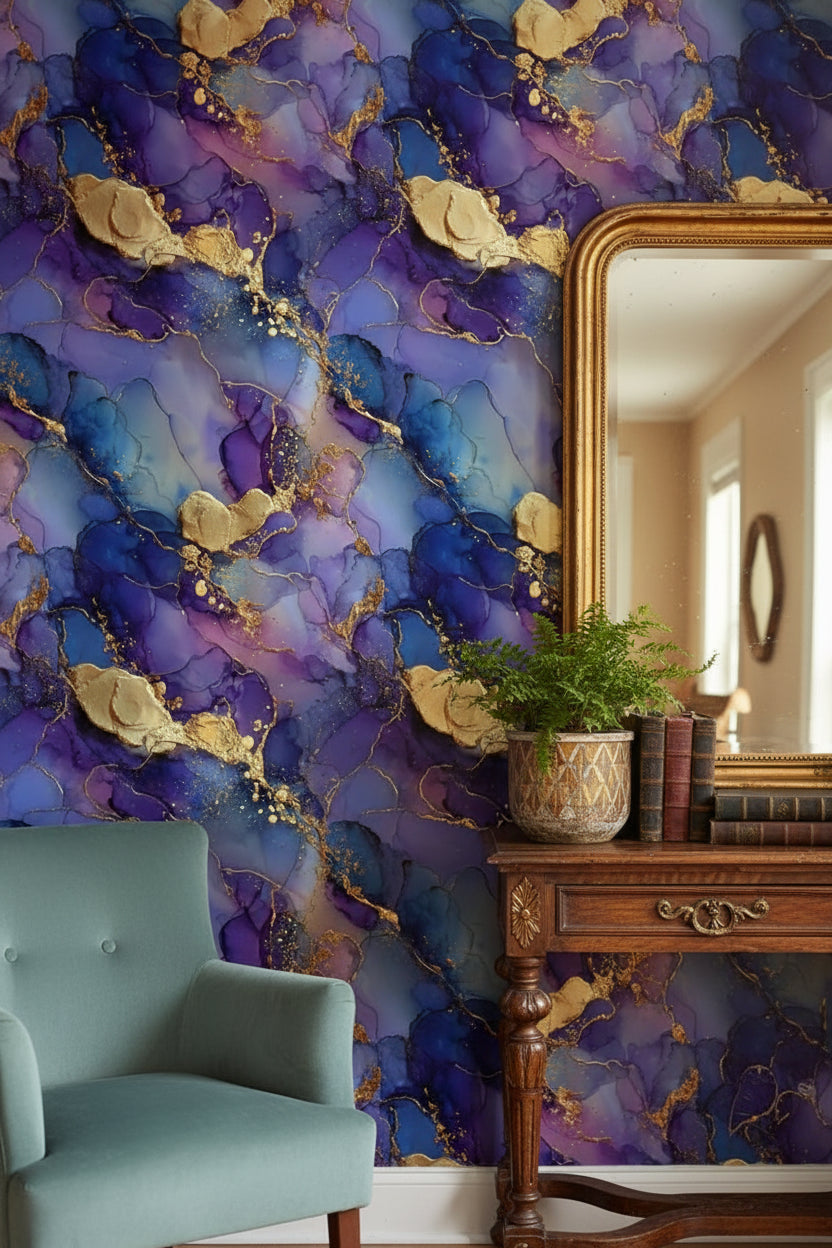 Vibrant Purple and Gold Look Abstract Swirl Wallpaper