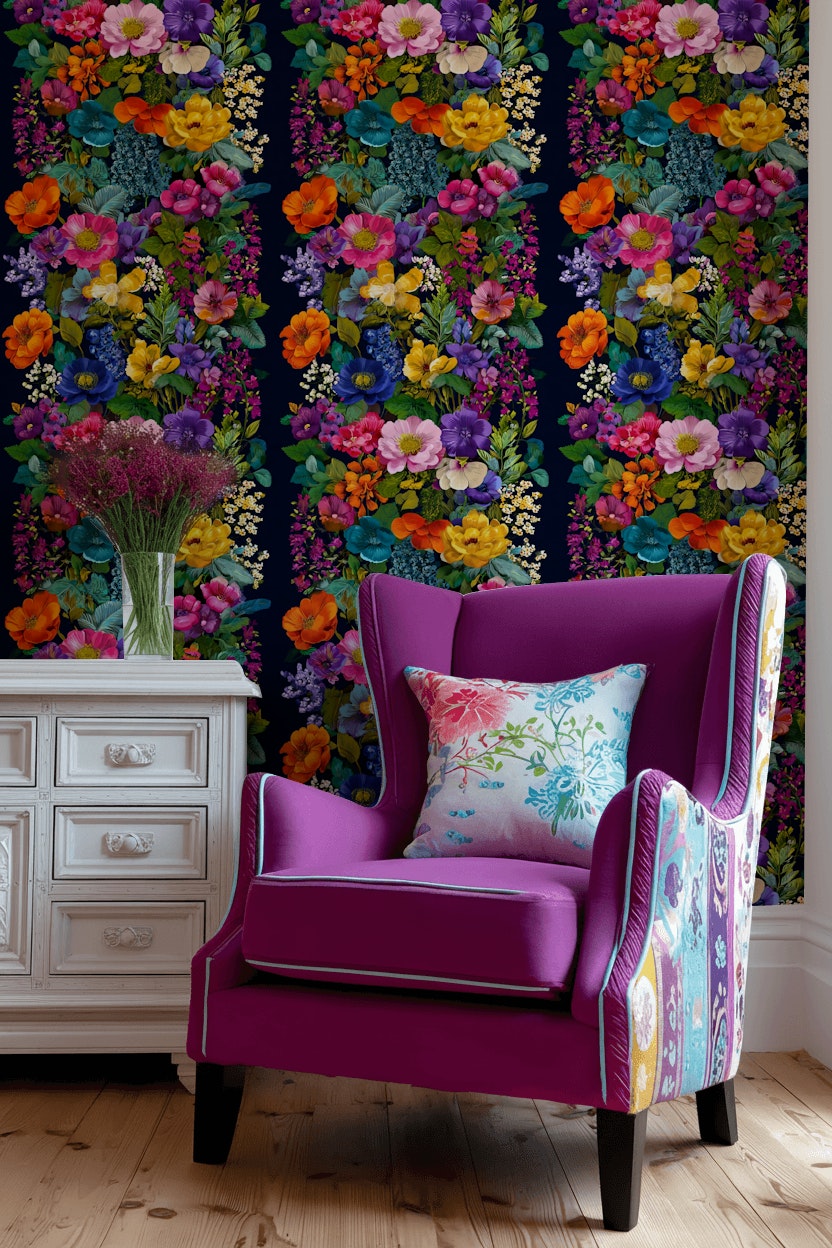 Multicolor Vibrant Blossoms on Deep Black Wallpaper
