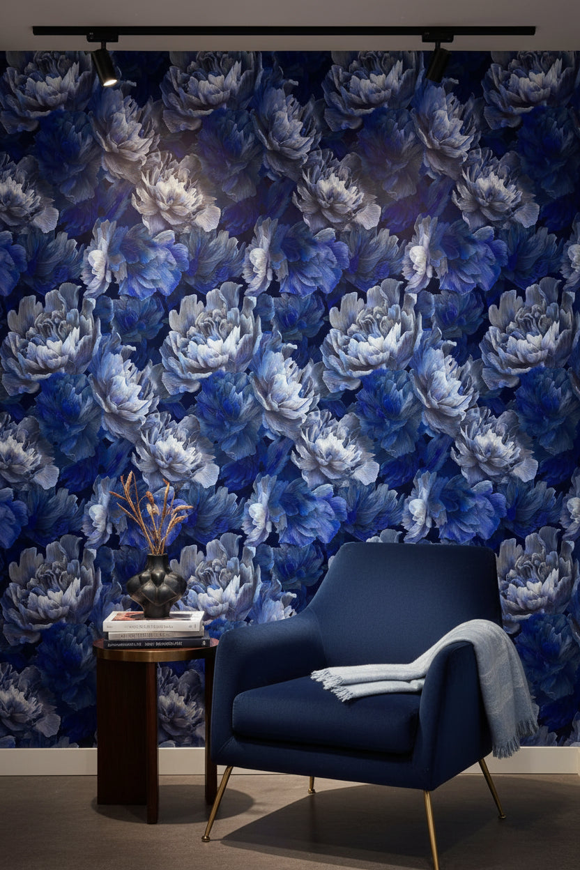 Midnight Blue Peony Floral Wallpaper