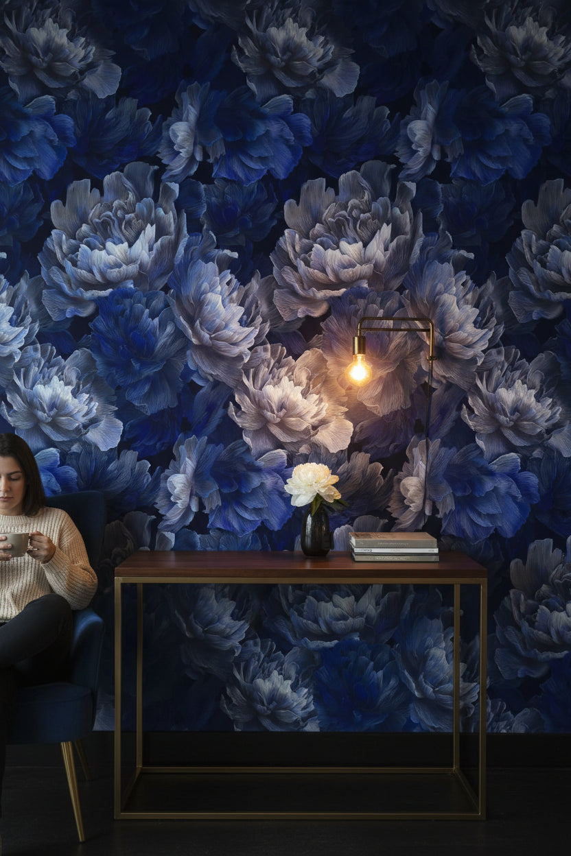 Midnight Blue Peony Floral Wallpaper