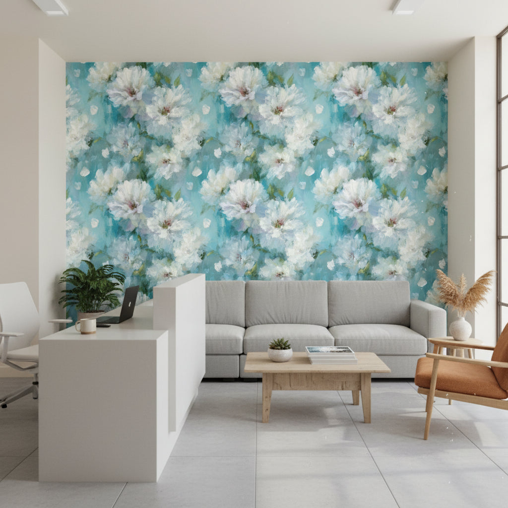 Aqua Blue White Blossom Floral Wallpaper