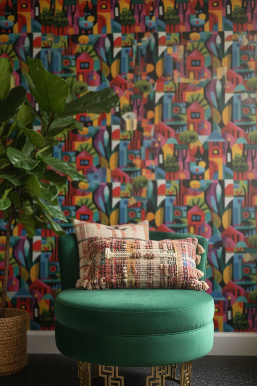 Vibrant Multicolor Abstract Village Wallpaper