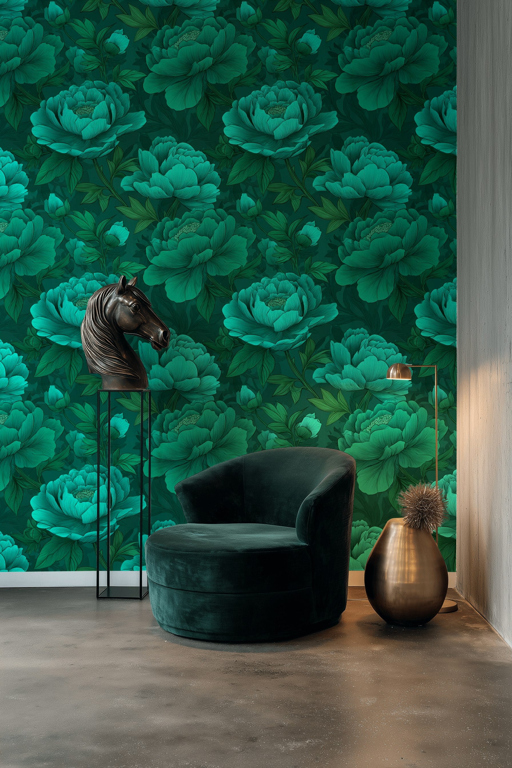 Emerald Green Large Peony Floral Wallpaper
