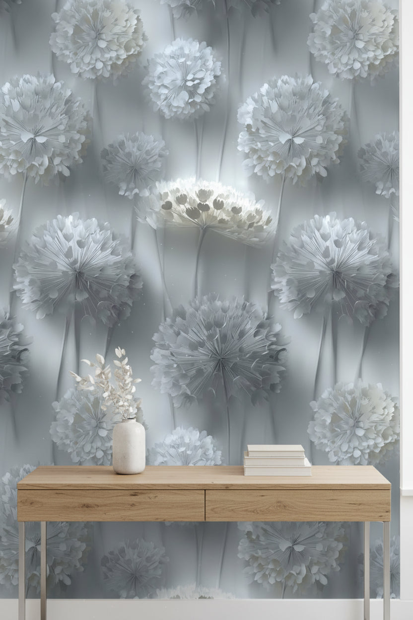 Soft Gray 3D Floral Bouquet Wallpaper
